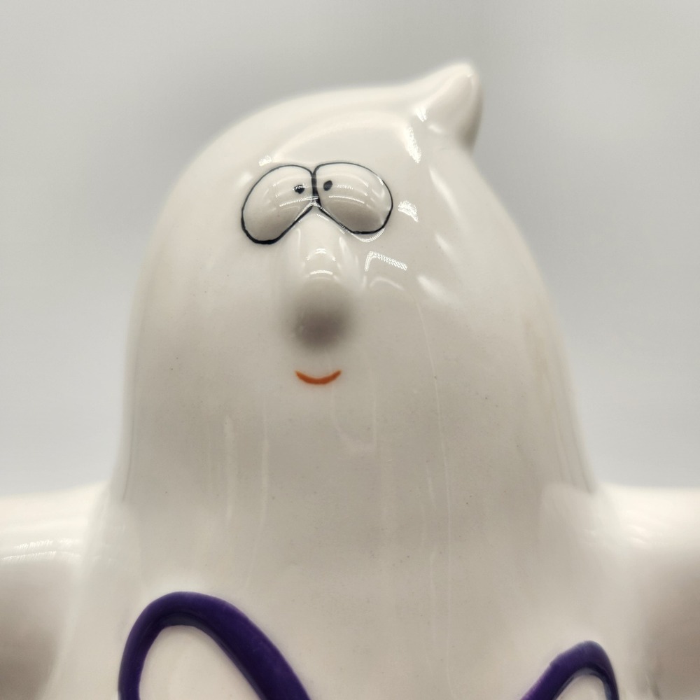 White Ceramic Whimsical Halloween Ghost Figurine Orange "BOO" Purple Bow Decor - Picture 2 of 11